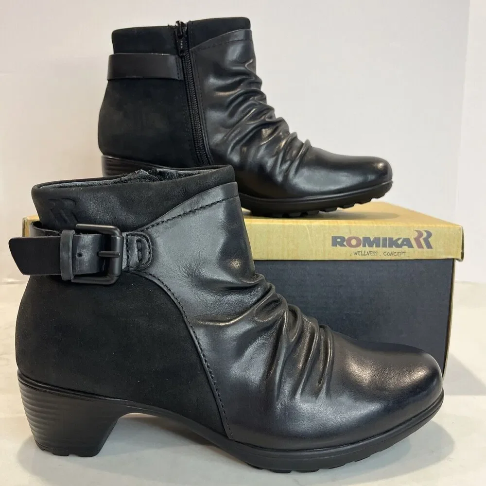 Romika NEW Womens EU36 US‎ 5-5.5 Banja Black Leather Ruched Ankle Boots Comfort